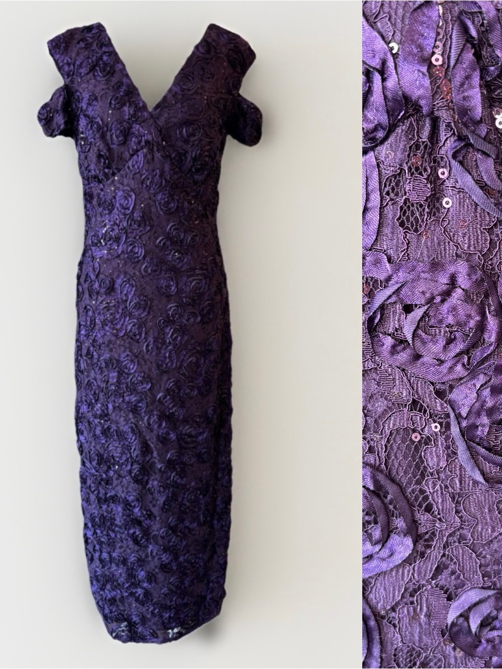 Onyx Nite Purple Rosette Sequin Lace V Neck Dress 8 Maxi Formal Evening Gown